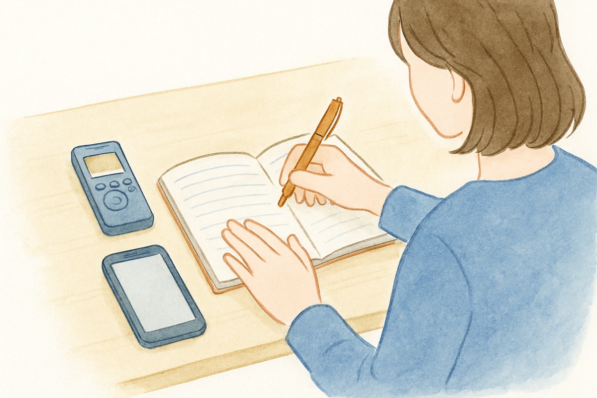 録音の内容を確認しながらメモを取る様子