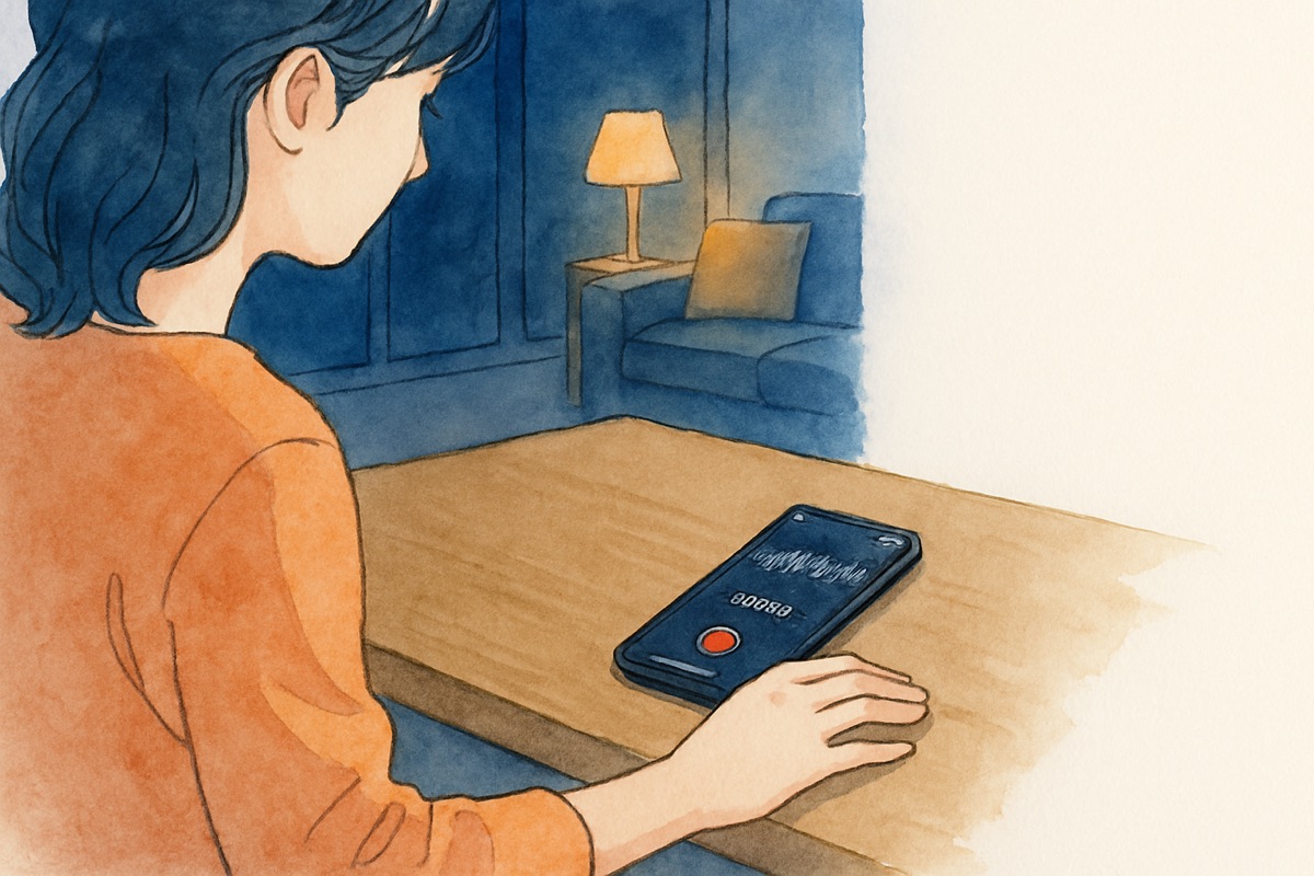 夜のリビングでテーブルに置いたスマホのボイスメモ画面を見つめる女性の手元