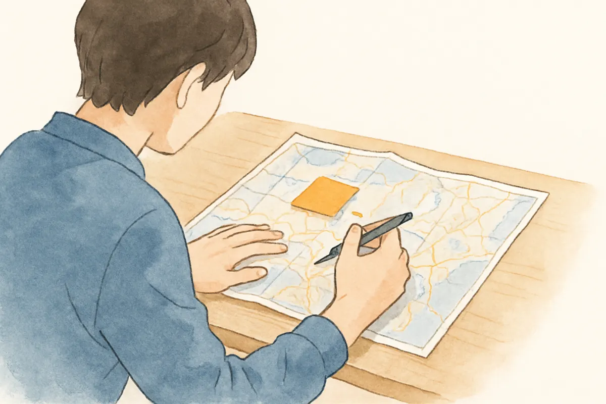 地図に心当たりの場所を書き出して手がかりを整理する様子