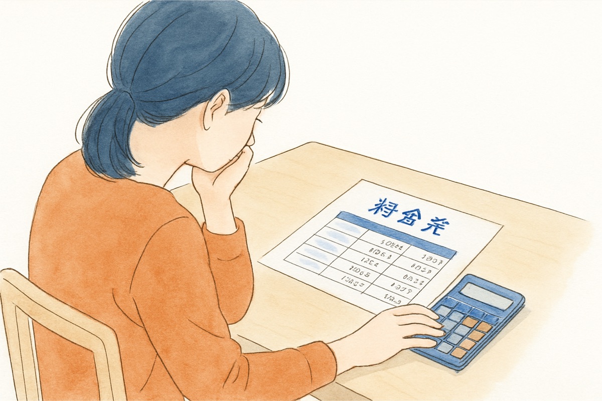 ダイニングテーブルで料金表のプリントと電卓を前に考える女性の手元
