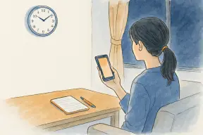 夜の部屋でスマホを握りしめて時計を気にする女性の手元