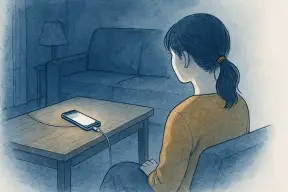深夜、充電中のスマホを離れた場所から見つめる女性の後ろ姿