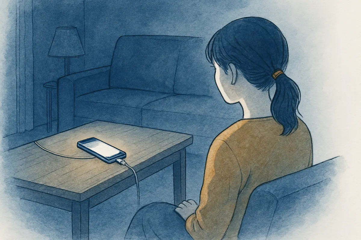 深夜、充電中のスマホを離れた場所から見つめる女性の後ろ姿