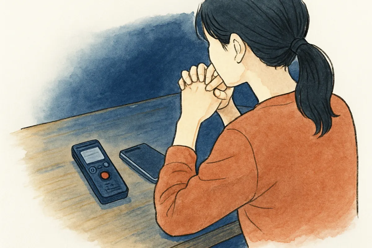 夜のテーブルでICレコーダーとスマホを前に考え込む女性の手元