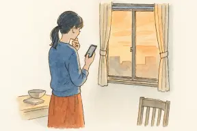 別々の暮らしの中でスマホを手に窓辺で考え込む女性の後ろ姿