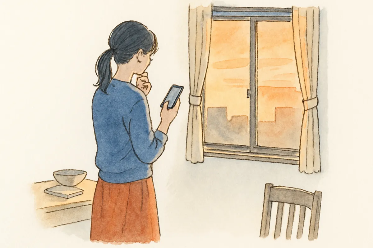 別々の暮らしの中でスマホを手に窓辺で考え込む女性の後ろ姿