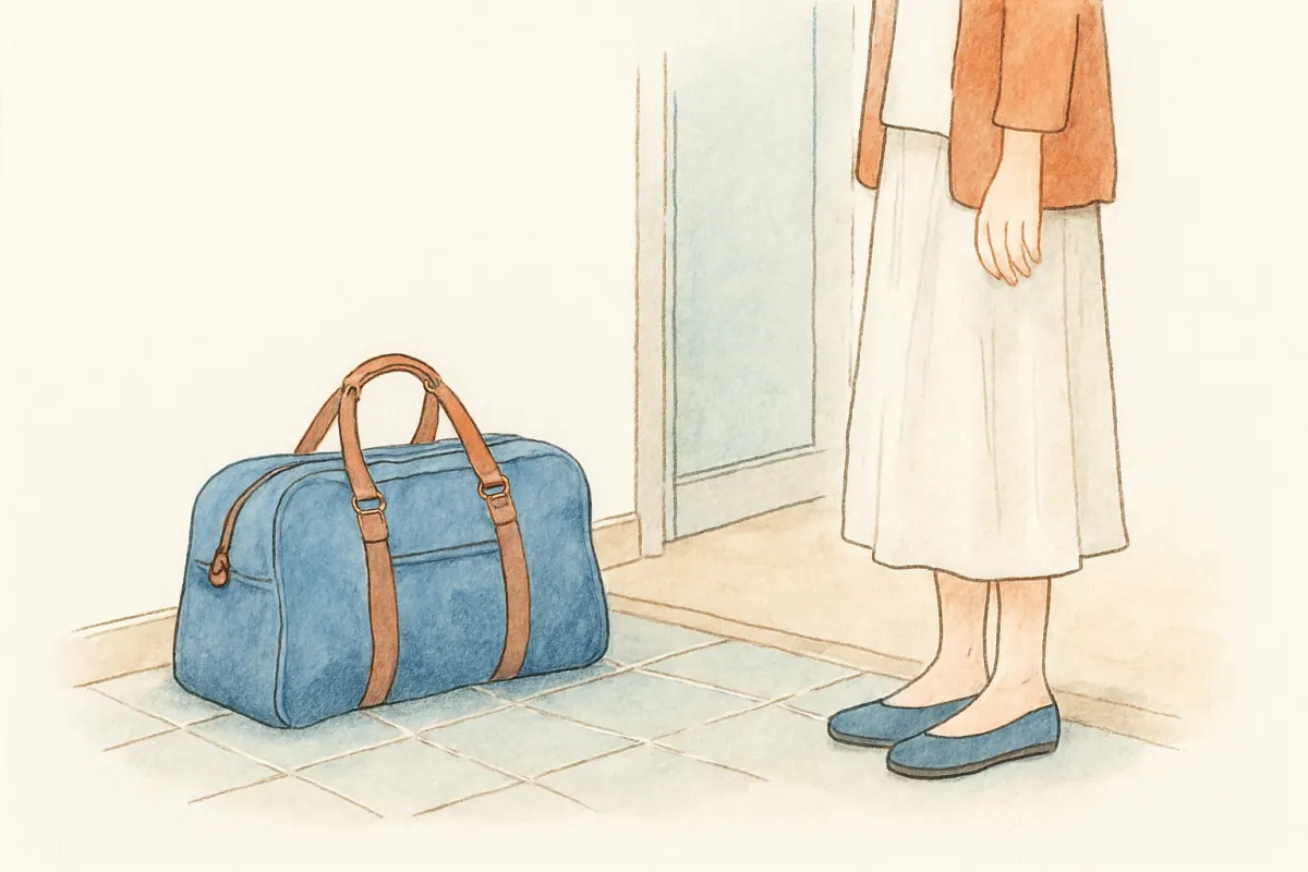 玄関に置かれたボストンバッグと、その前で立ち止まる女性の足元