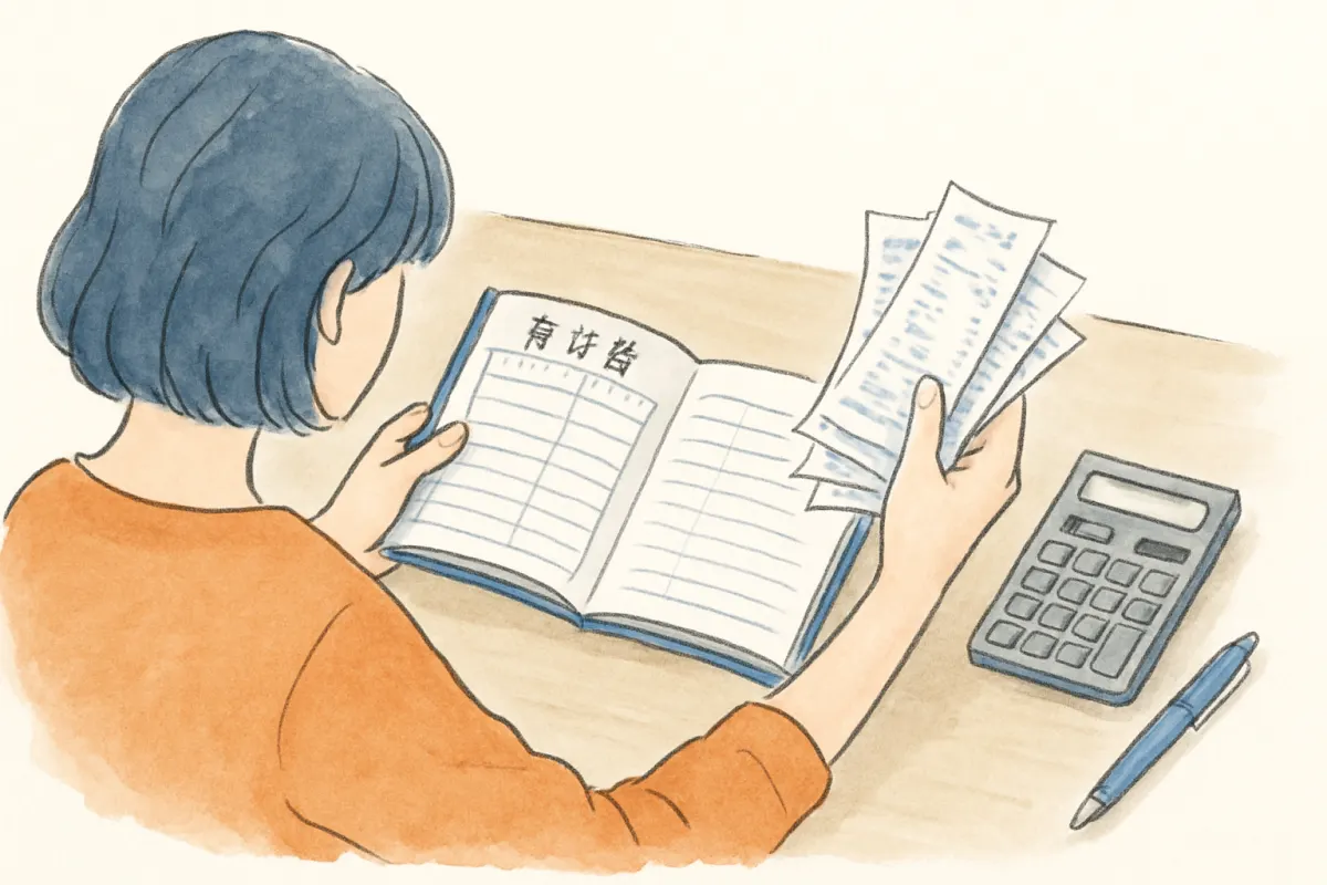 夫の出費の変化を家計簿とレシートで確認する様子