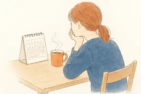 昼下がりのダイニングテーブルでカレンダーを前に考え込む女性の手元