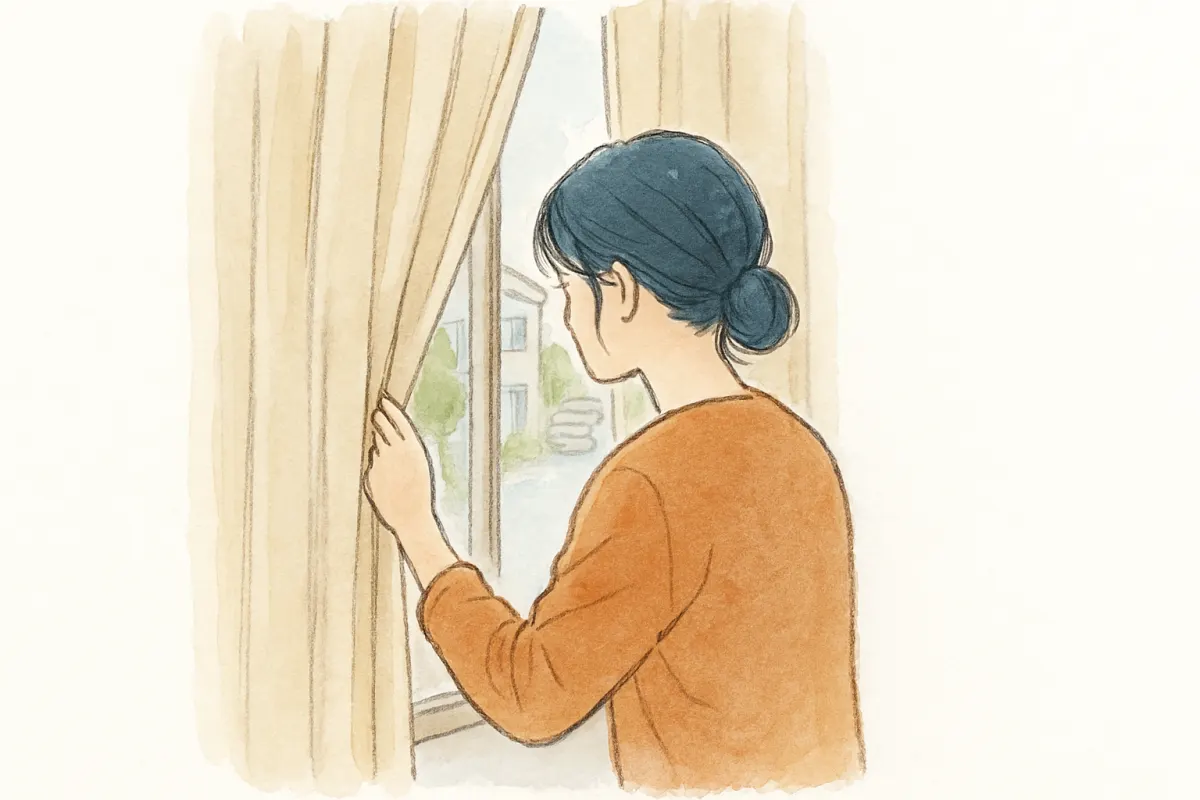 カーテンの隙間から外の様子をそっと確認する女性