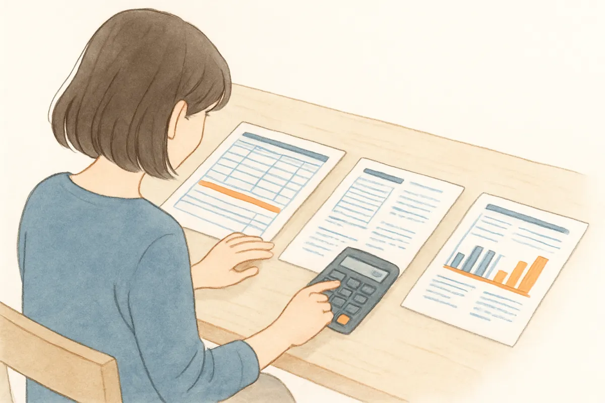 身辺調査の費用の目安を書類と電卓で確認する様子