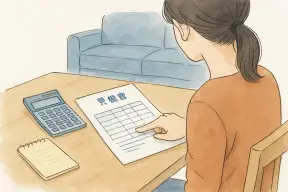 電卓とメモ帳を前に見積書を確認する女性の手元