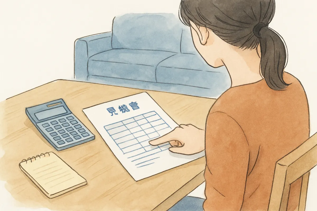 電卓とメモ帳を前に見積書を確認する女性の手元
