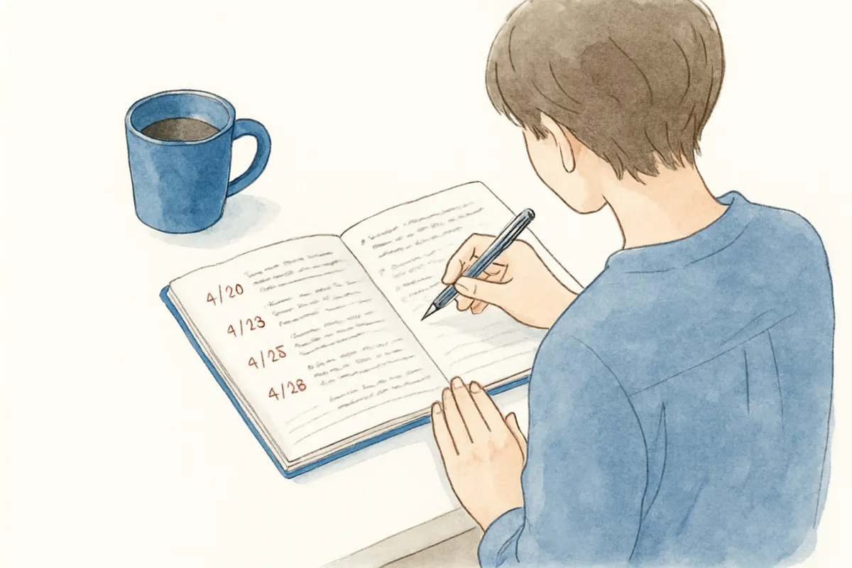 ノートに調べた内容を時系列で書き出して整理する手元