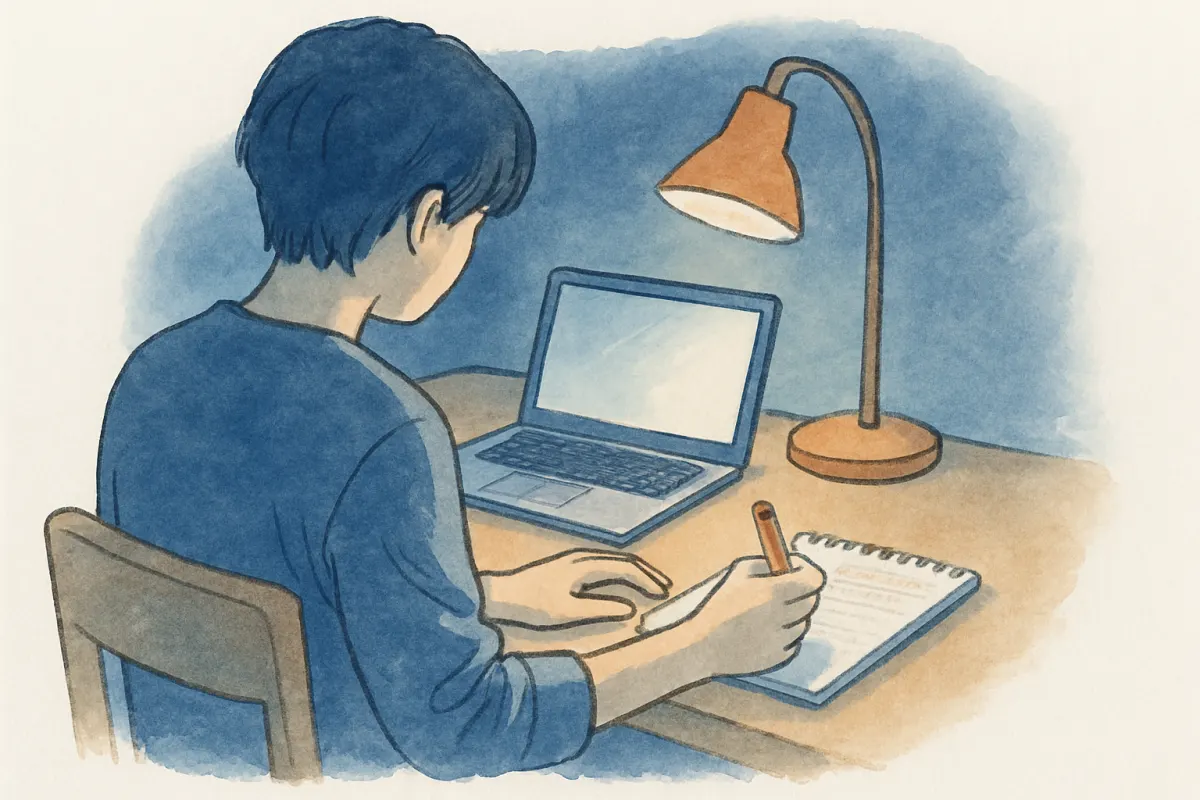 夜の部屋でノートパソコンとメモ帳を前に調べ物をする手元