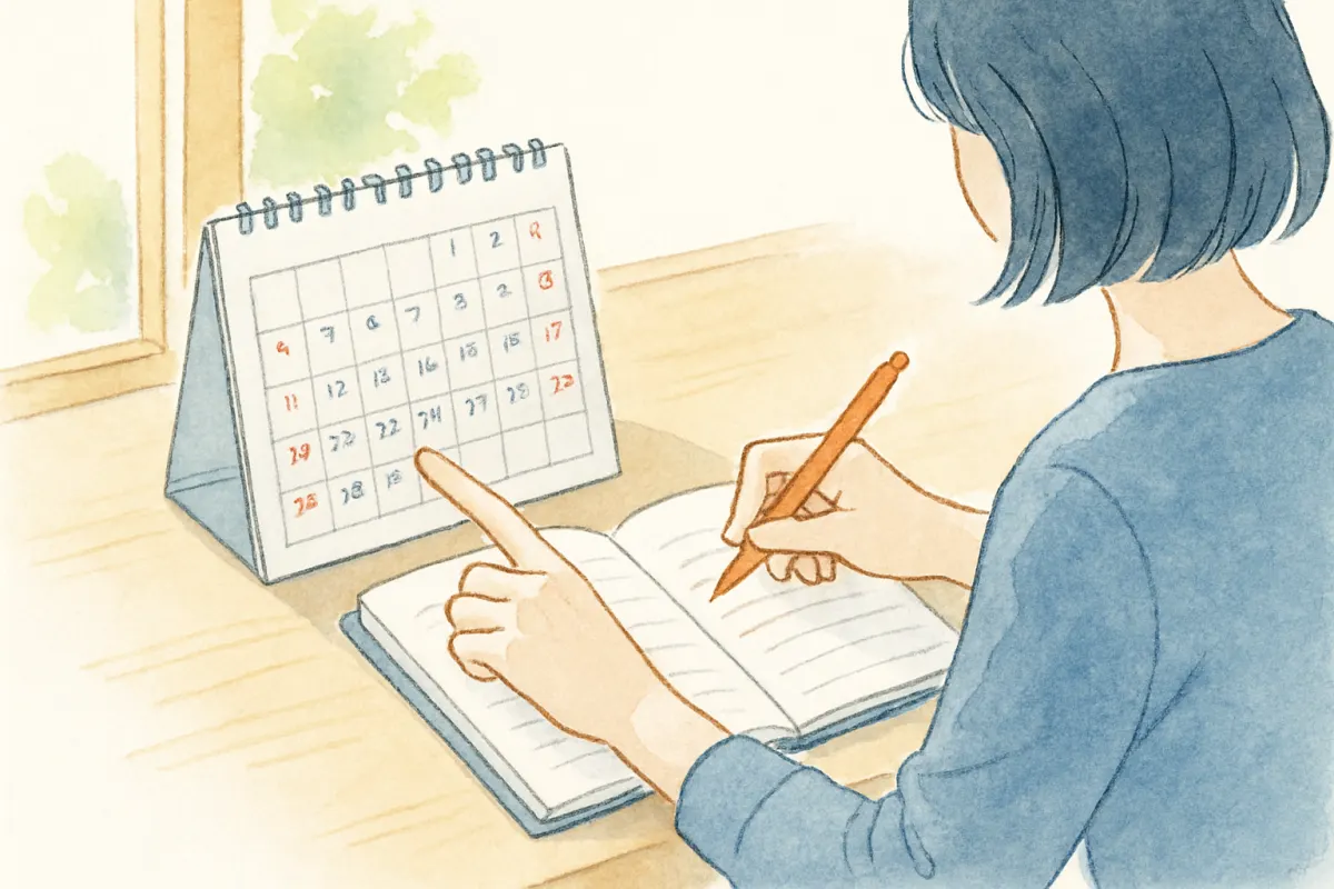 カレンダーと手帳で予定を数える女性の手元