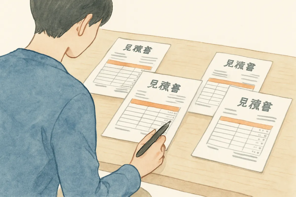 複数の見積書を机に並べて見比べる手元
