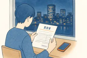 都市の夜景を背にテーブルで見積書を確認する手元