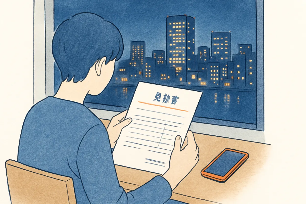 都市の夜景を背にテーブルで見積書を確認する手元