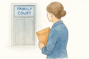 家庭裁判所の建物の前で書類の入った封筒を手にする女性