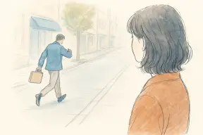 腕時計を気にしながら足早に歩く人影を見送る女性の視線