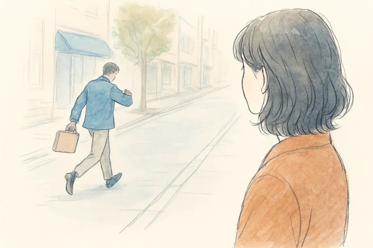 腕時計を気にしながら足早に歩く人影を見送る女性の視線