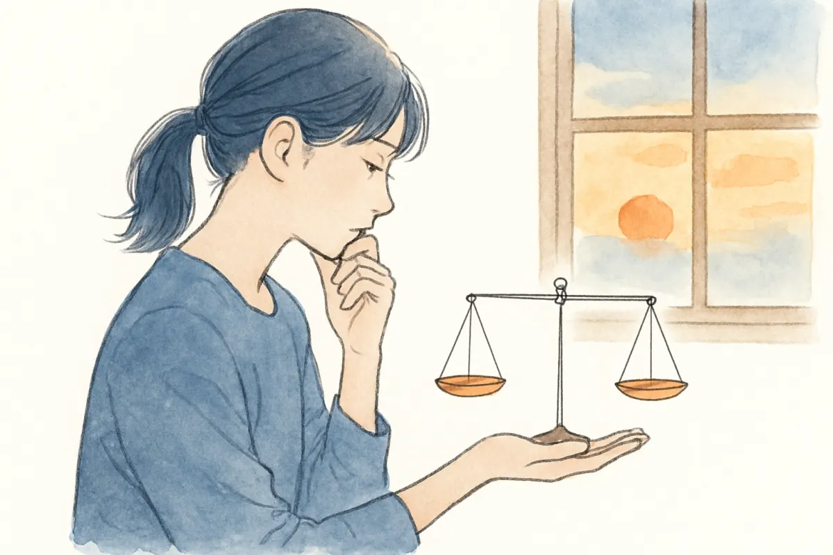 窓辺で天秤にかけるように考え込む女性の横顔