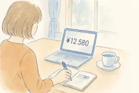 ノートパソコンで探偵社の料金ページを調べながらメモを取る手元