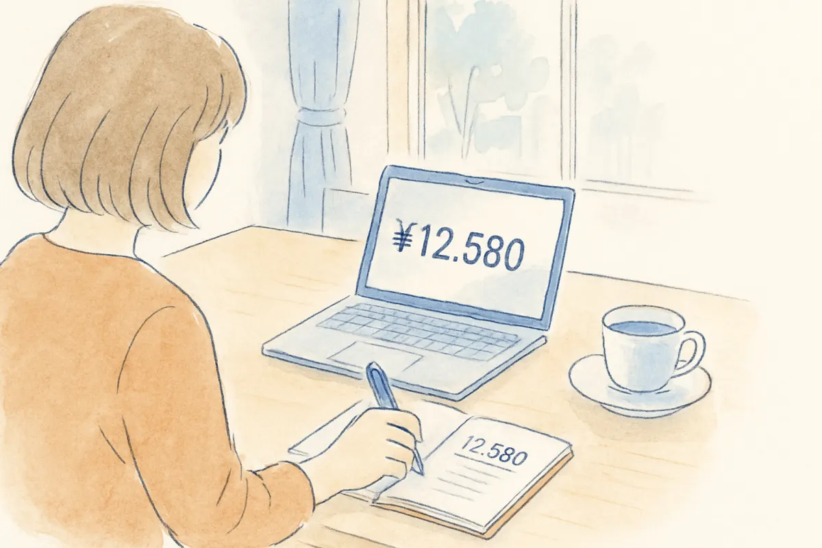 ノートパソコンで探偵社の料金ページを調べながらメモを取る手元