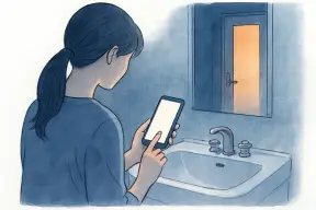 浴室のドアの前に置かれたスマートフォンを見つめる女性の手元