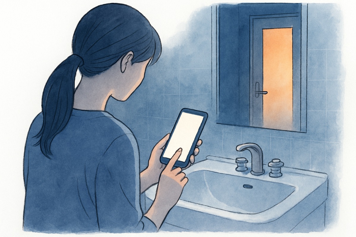 浴室のドアの前に置かれたスマートフォンを見つめる女性の手元