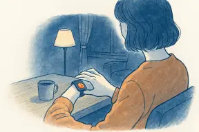 夜のリビングでスマートウォッチの画面を見つめる女性の手元