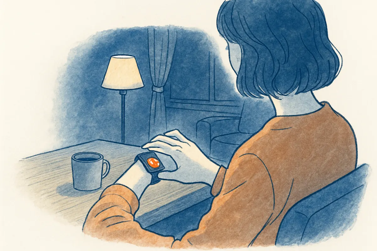 夜のリビングでスマートウォッチの画面を見つめる女性の手元