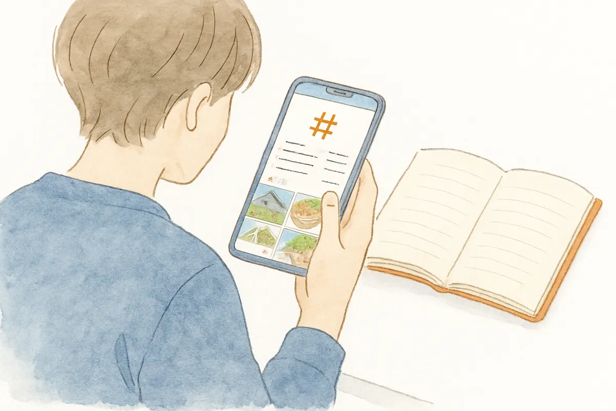 インスタのハッシュタグ検索で手がかりを探す様子