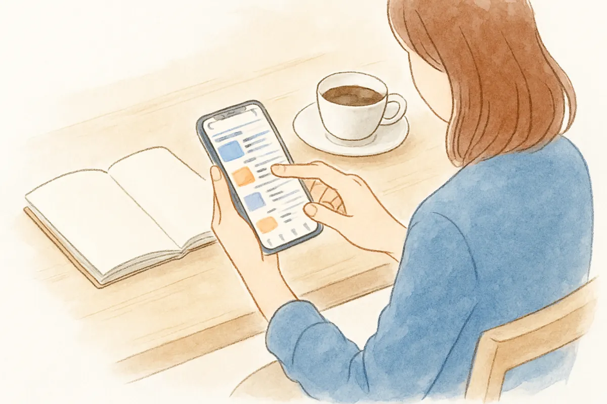 カフェのテーブルでスマホのSNS検索画面を見つめる女性の手元