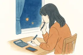 夜の窓辺で電卓とメモを前に考える女性の手元