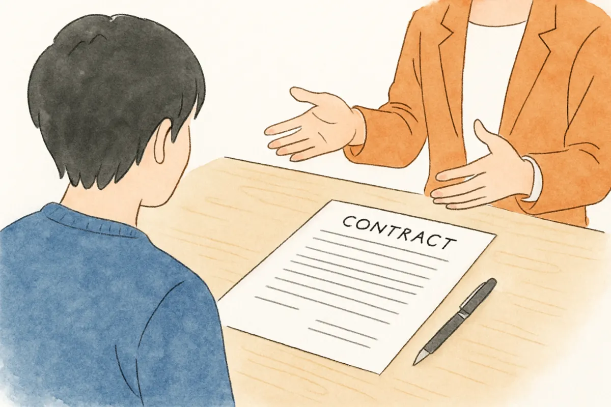 契約時に利用目的の確認書類を確認する様子