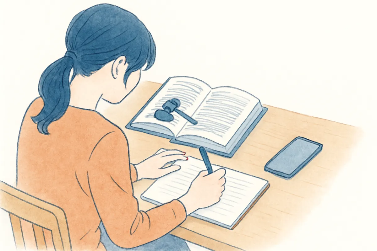 デスクで法律関連の書籍とノートを前に考え込む女性の手元