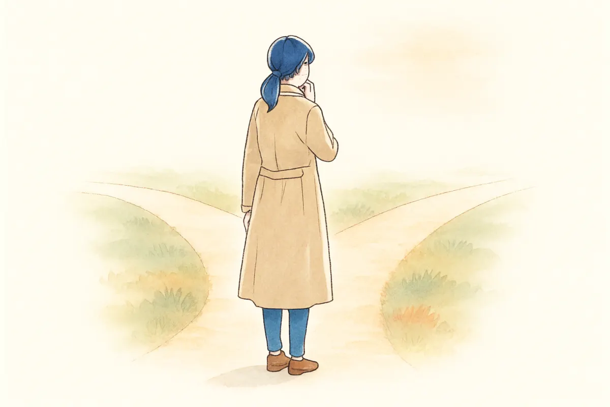 分かれ道の前で地図を確認する人のイメージ