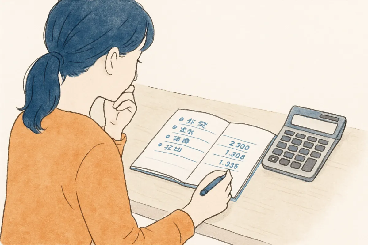 机の上に置かれた身元確認のための書類とペンを見つめる女性の手元