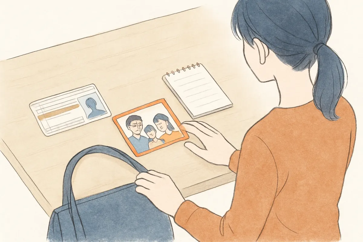行方不明者届の提出に必要な身分証と写真を準備する様子