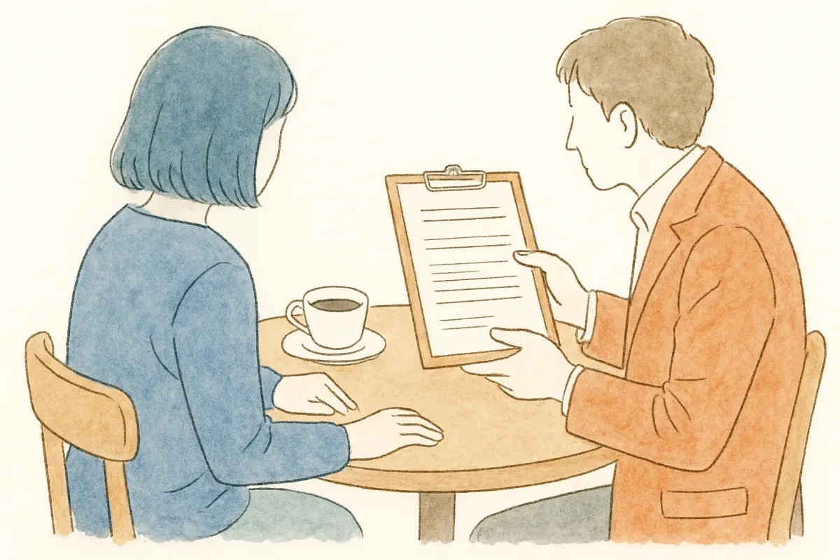 借金について婚約者と話し合う場面