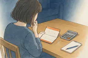 リビングのテーブルで通帳と電卓を前に考え込む女性