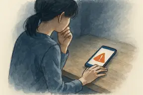 スマートフォンの警告表示を前に考え込む女性の手元