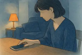 暗い部屋でスマホの画面を伏せて置く女性の手元