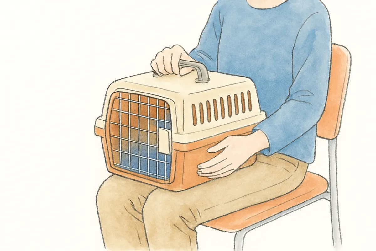 動物病院の受付でキャリーケースを抱えて待つ人の手元