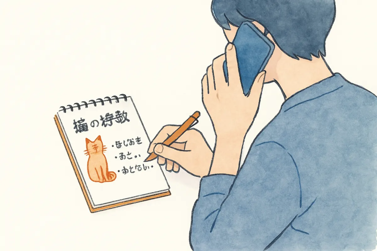 保護した猫の情報をメモしながら電話で相談する手元