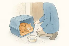毛布を敷いたキャリーケースの中で丸くなる保護された猫
