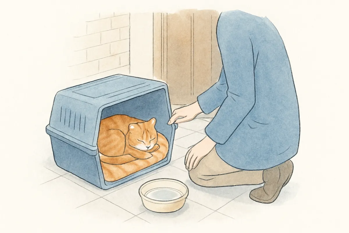 毛布を敷いたキャリーケースの中で丸くなる保護された猫