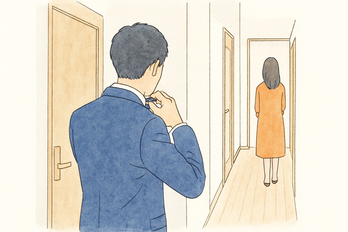 出勤前に念入りに身支度をする夫の後ろ姿